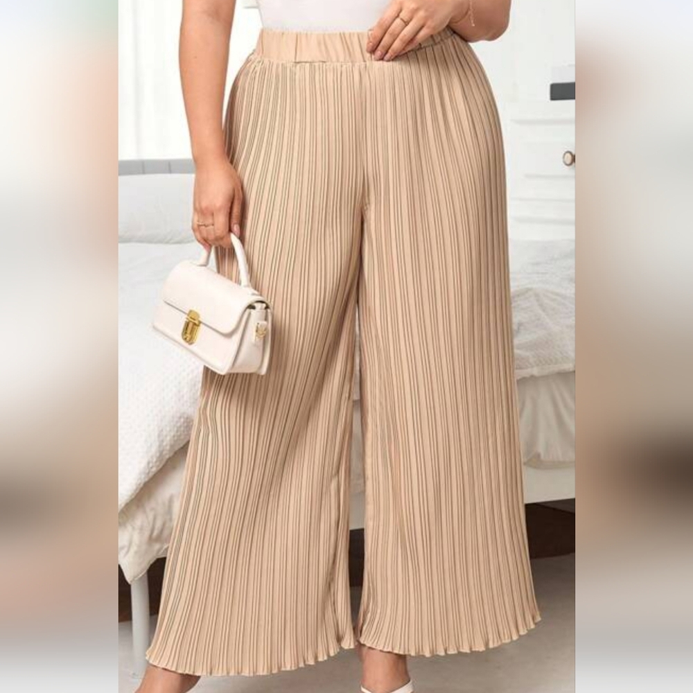 Shein Ribbed Wide-leg Pants Beige Lettuce Hem Elastic Waist Sz M = US 6